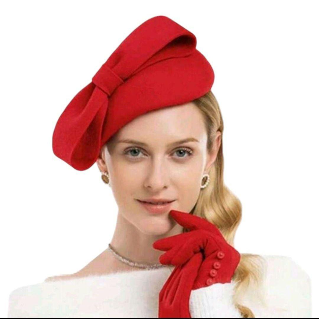 2点セット大リボン冬帽子ヴィンテージ調ピルボックス帽日常ヘッドピースフェルト赤黒