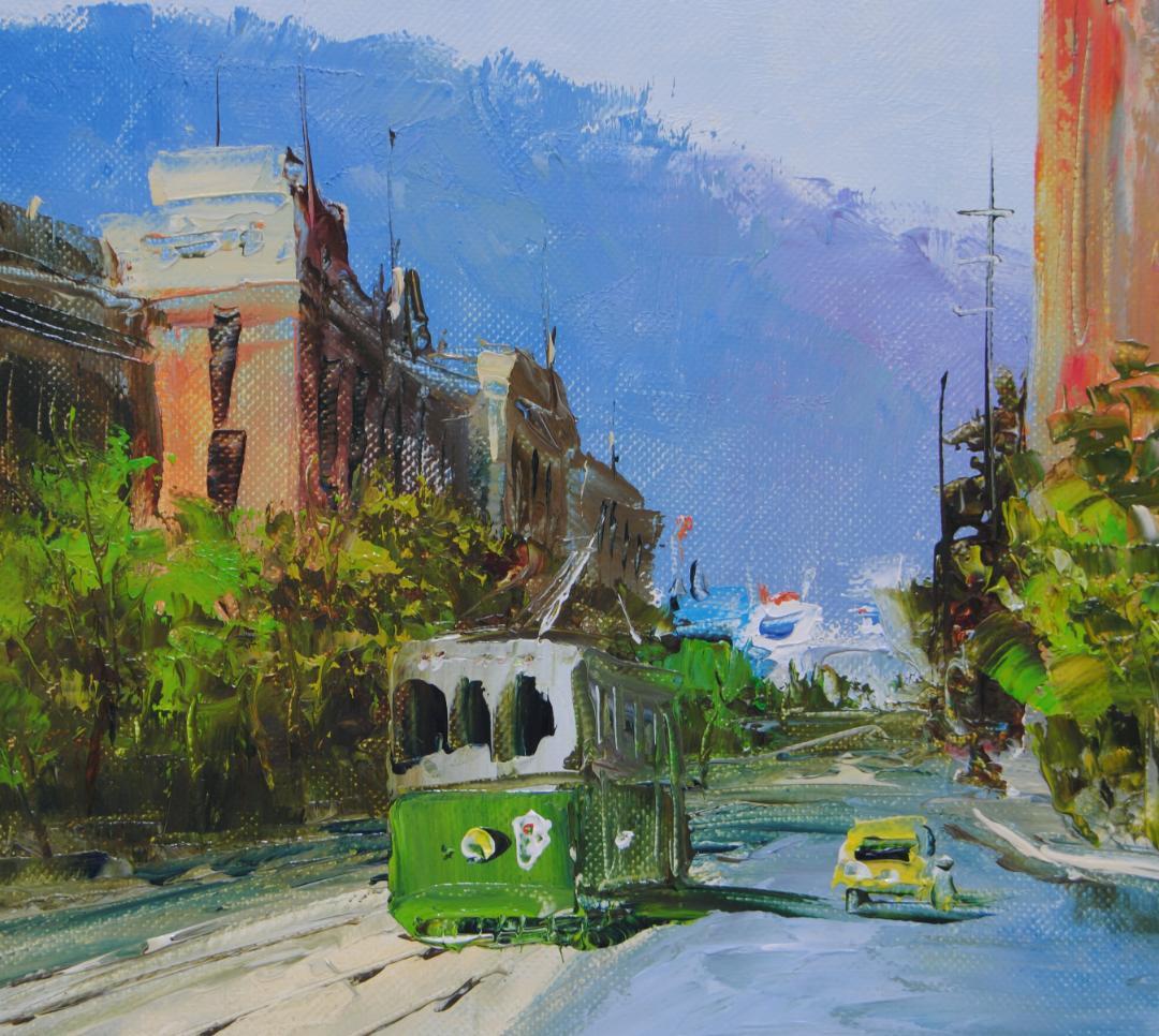 西条巧 神戸山手風景 栄光教会 風景画 絵画 油絵 油彩画 市電 路面電車