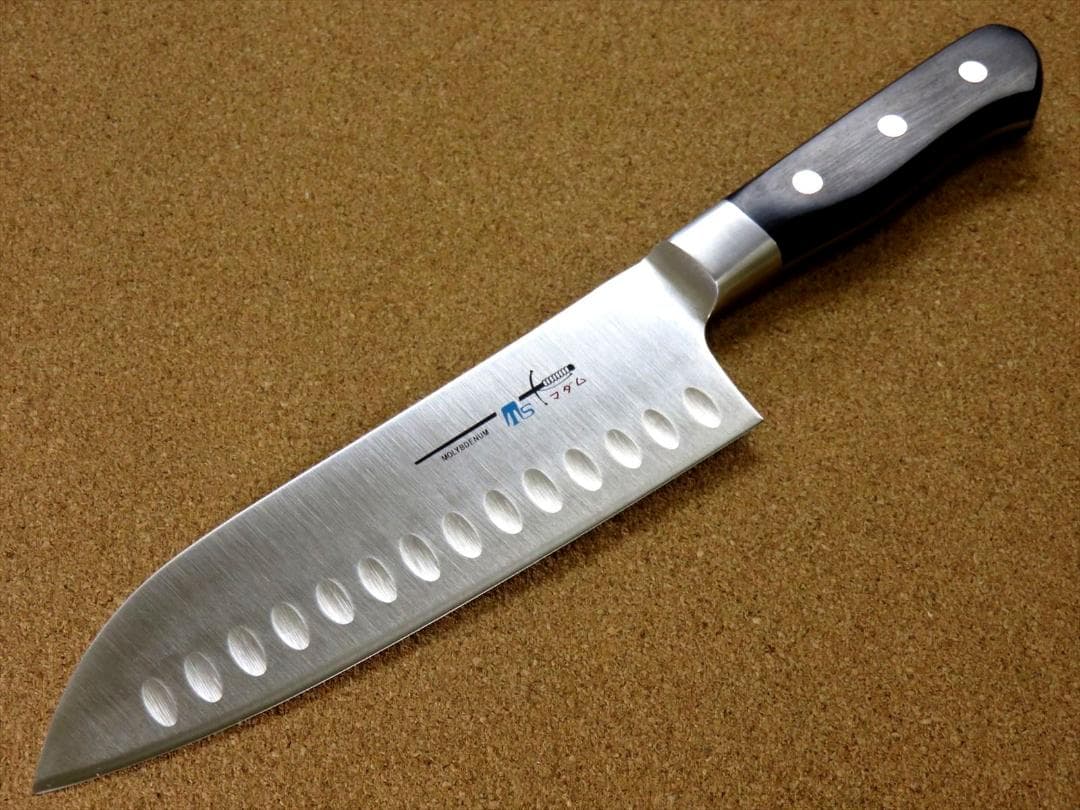 関の刃物 サーモン三徳包丁 175mm モリブデン 口金付 ディンプル 両刃万能