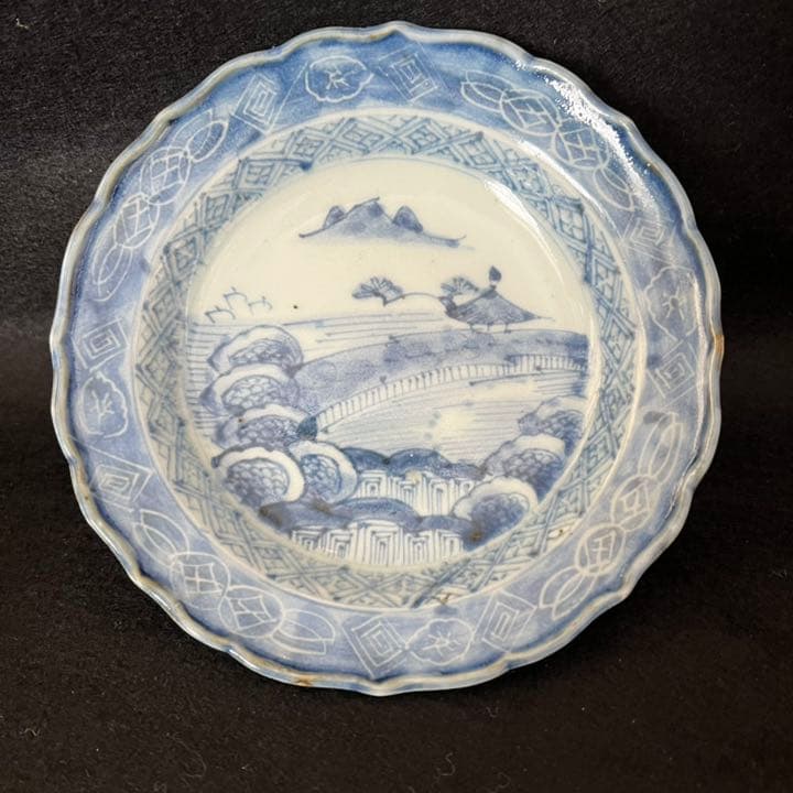 古伊万里　染付　山水文　輪花小皿　5枚