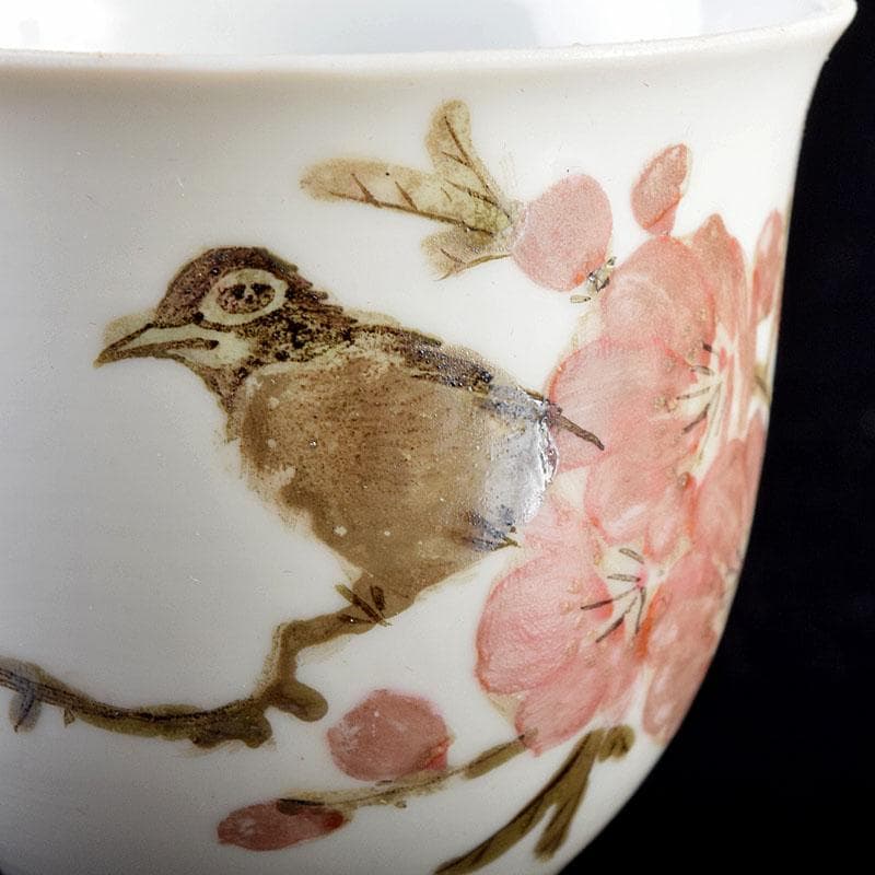 中国　乾隆年製款　薄胎　粉彩　鳥桜文　煎茶碗　八客　V　R7584