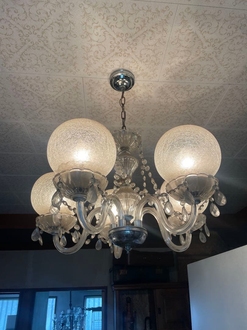 引取　引渡限定　昭和レトロ ヴィンテージ 5灯シャンデリア クラックルガラス
