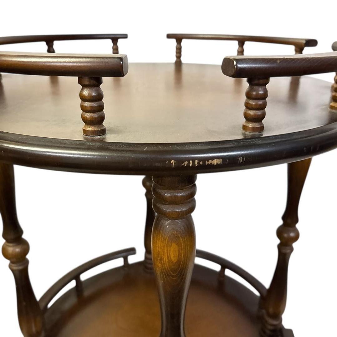 アンティーク　飛騨産業 キツツキマーク 木製ワゴン 2段 円形 サービングワゴン