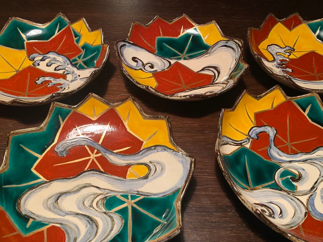 乾山写呉須入り竜田川文向付5種5色絵がわり 5客　清水焼　京器　懐石向付