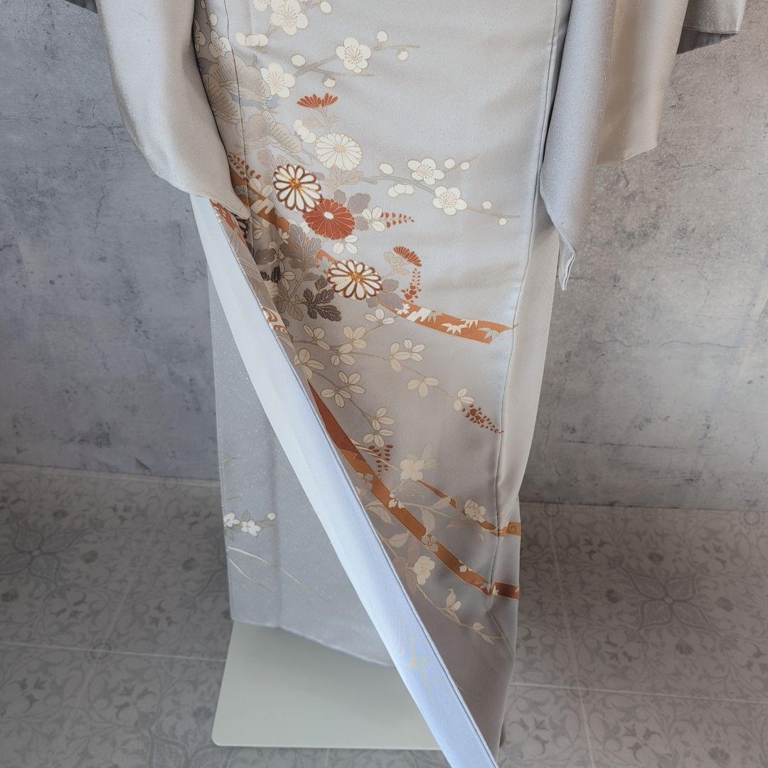 訪問着　フルセット　着物　正絹　白シルバー　金駒刺繍　花　しつけ糸　祝い事　A2