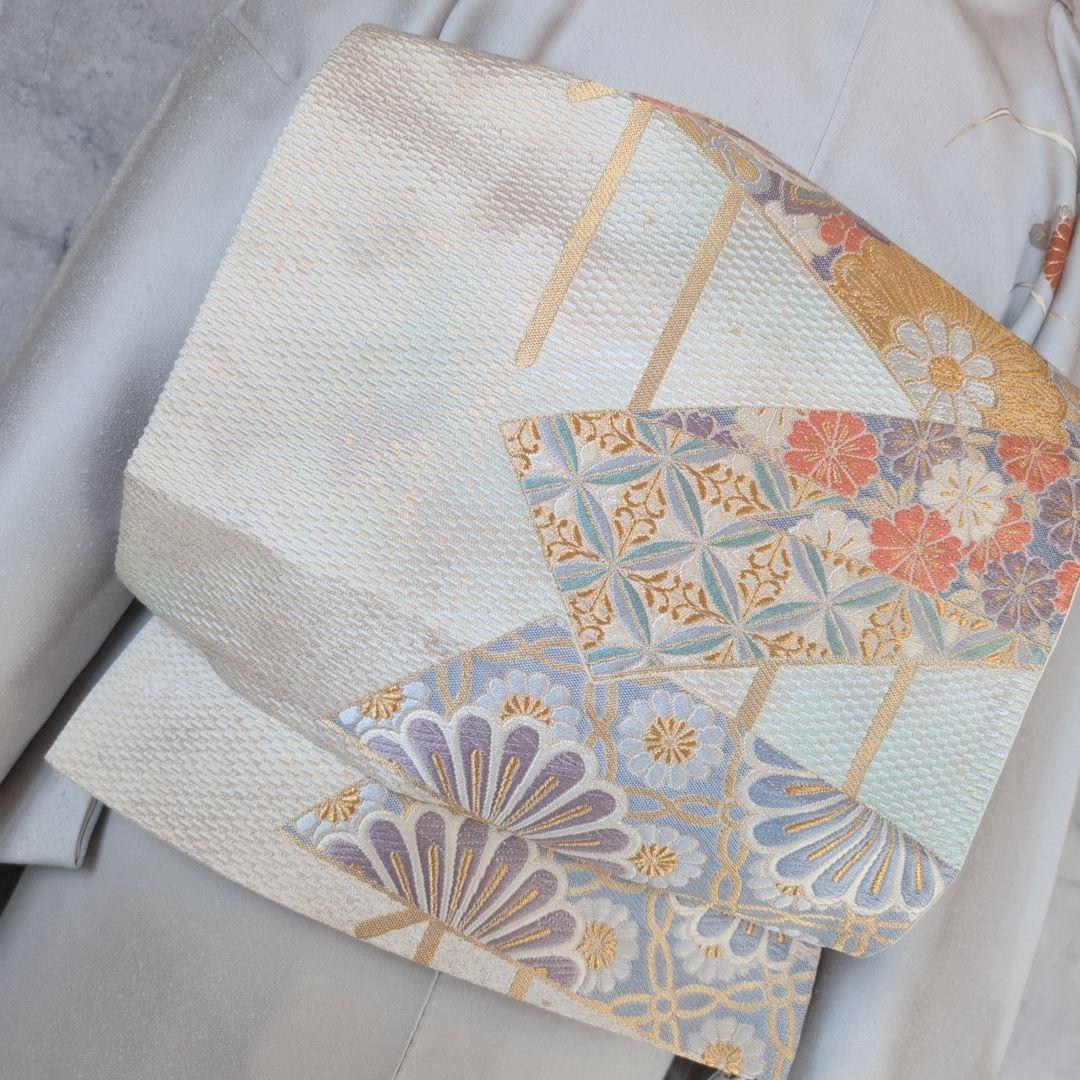 訪問着　フルセット　着物　正絹　白シルバー　金駒刺繍　花　しつけ糸　祝い事　A2