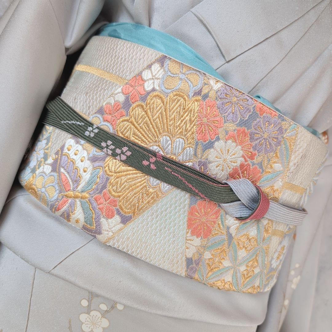 訪問着　フルセット　着物　正絹　白シルバー　金駒刺繍　花　しつけ糸　祝い事　A2