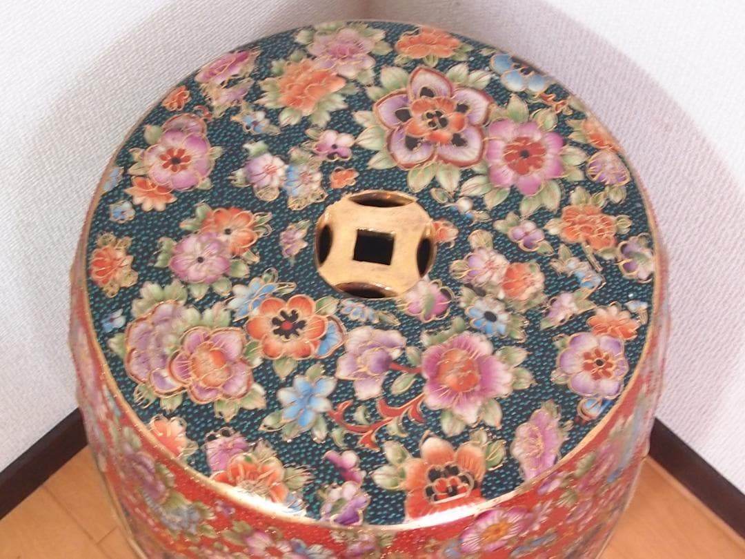 【美品】陶器製 スツール 椅子/花台/飾り台 美人画/花文/青粒 シノワズリ家具