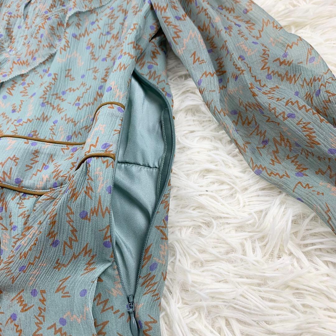 新品　COACH コーチ　シルク100% シフォンワンピース　総柄　グリーン系