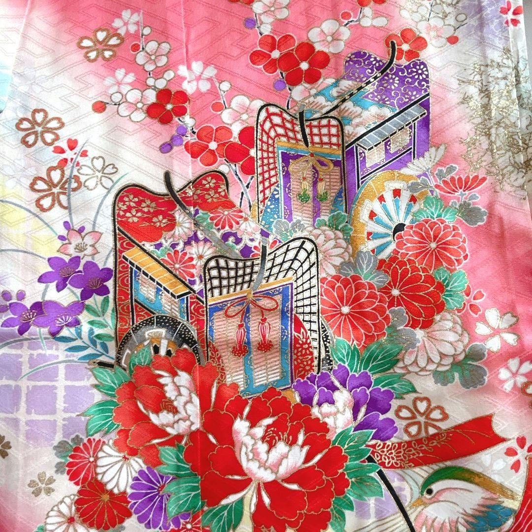 セット　七五三７歳女の子　着物＆帯＆袖無長襦袢＆小物　サーモンピンク　花御所車