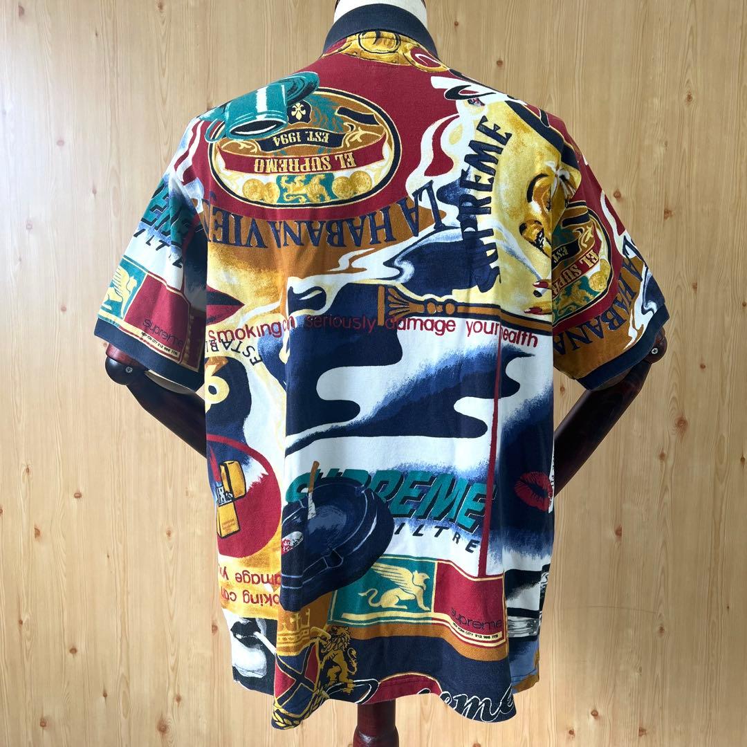 シュプリーム　半袖　ポロシャツ　総柄　ネイビー　ロゴ　L　古着　90s