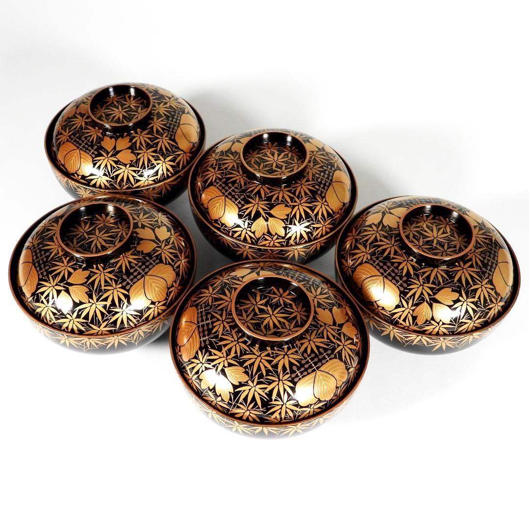 木田理平造 本金時代蒔絵 桐竹紋 吸物椀 五客 共箱