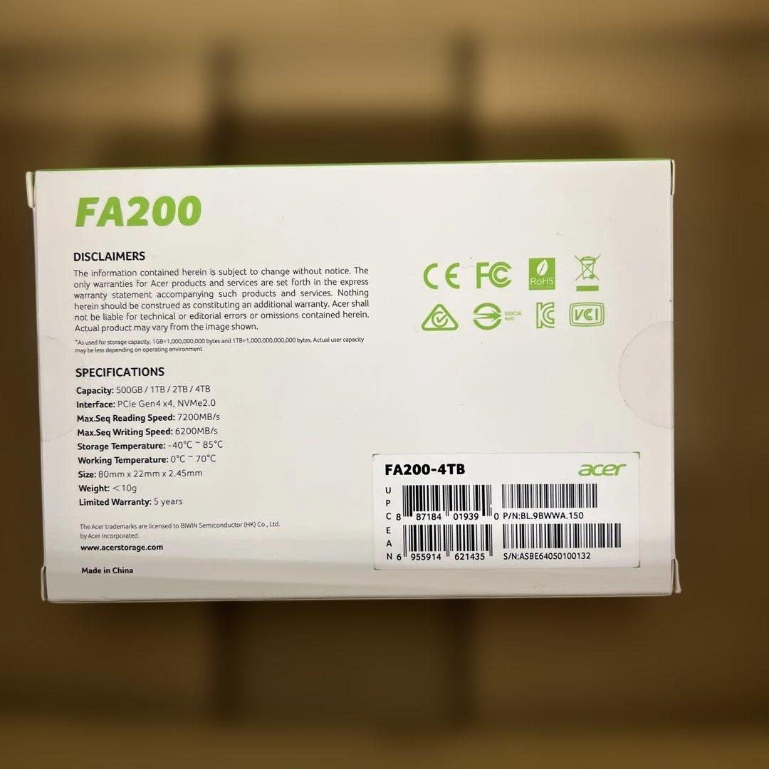 375 4TB Acer M.2 SSD FA200 PCIe Gen4×4