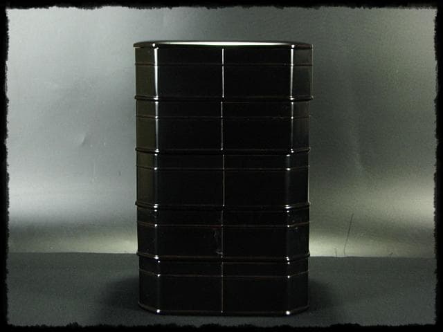 京塗名工 岡田 表寛 利休形 縁高 黒真塗 五重 菓子器 茶道具 共箱 g1