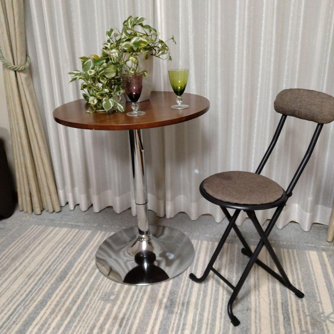 カウンターテーブル　丸　高さ調整　天板回転　ブラウン