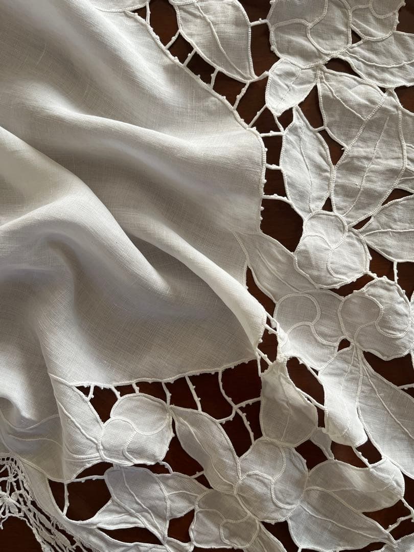 ◆フランスアンティーク｜大判手刺繍ボビンレースロングマルチクロスエンブレム長方形