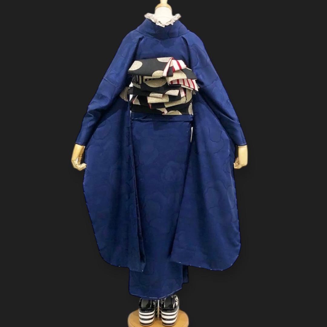 新品 洗える振袖 和風館 【無地 椿 ネイビー】丹後ちりめん★卒業式の袴にも♪