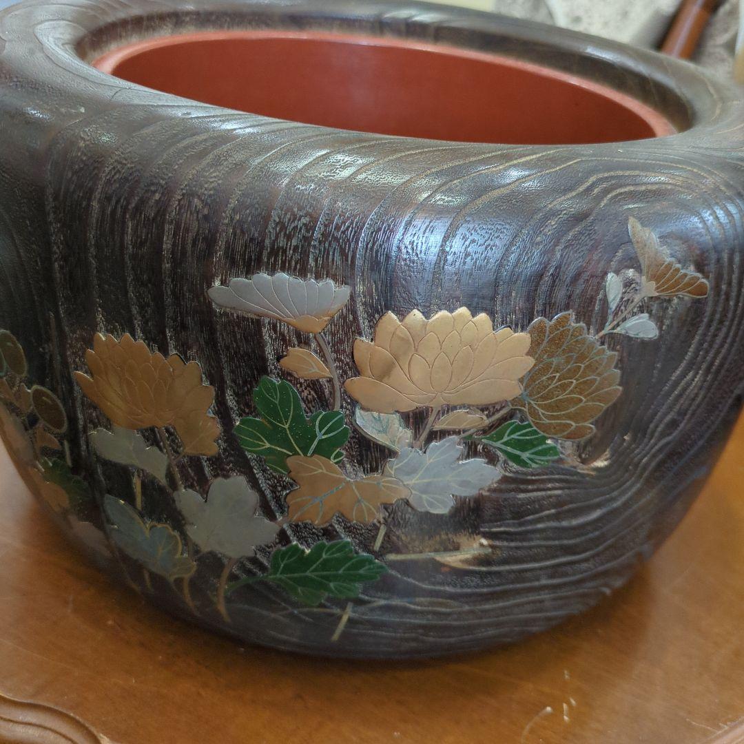 骨董　蒔絵　螺鈿　火鉢　桐　内側銅器　大型　花入　鉢カバー