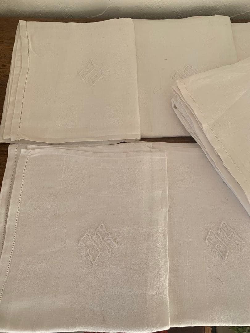 フランス　蚤の市　イニシャル刺繍　コットン　クロス　12枚セット