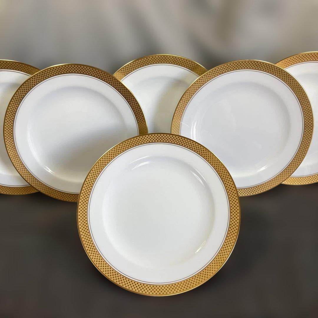 大倉陶園　金彩　金蝕　デザートプレート　ケーキ　パン　市松　ゴールド