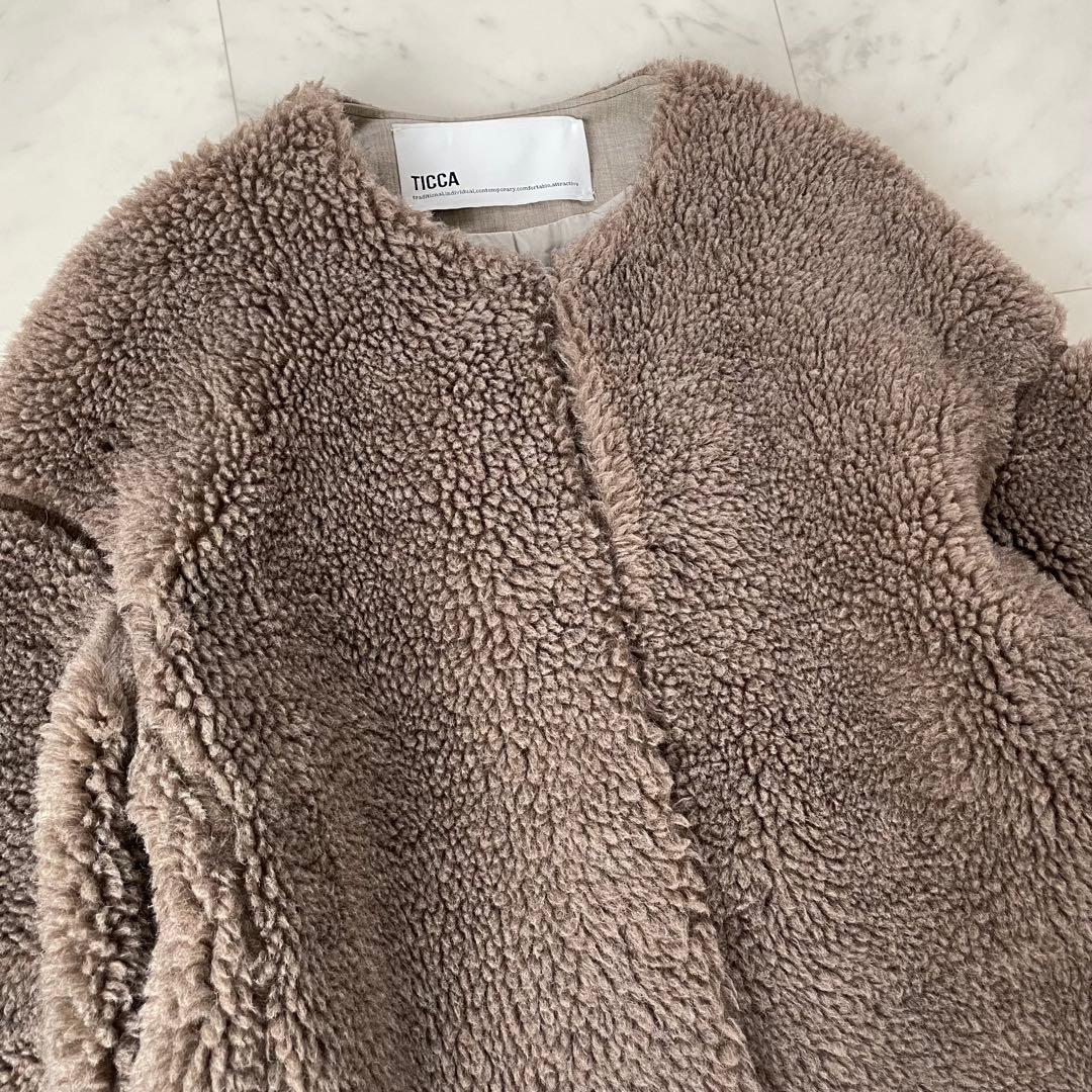 美品✨TICCA ウールファー ノーカラーコート ブラウン