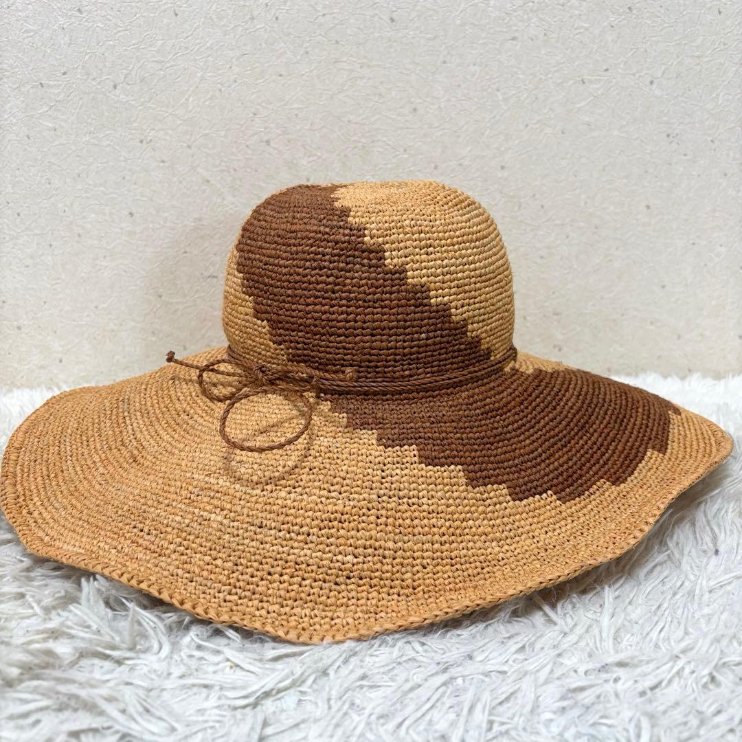 美品 希少柄 ヘレンカミンスキー ラフィアハット 14cm ツバ広 OSサイズ