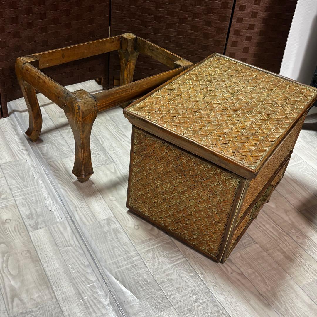 ヴィンテージ　猫脚ラタン　アジロ家具　ナイトテーブル　アンティーク