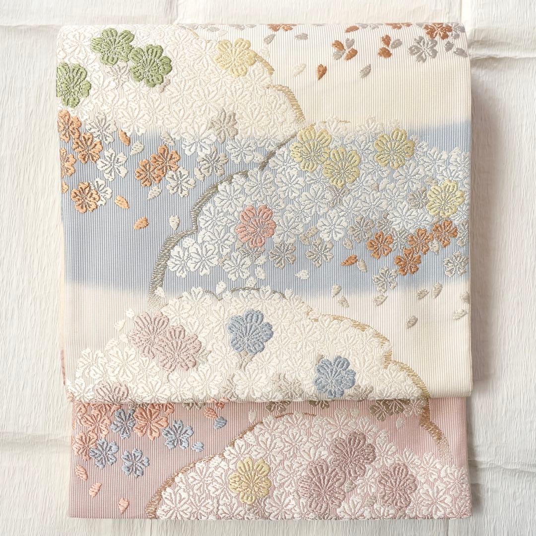 正絹　六通袋帯　雪輪に桜　唐織　入学式、卒業式など