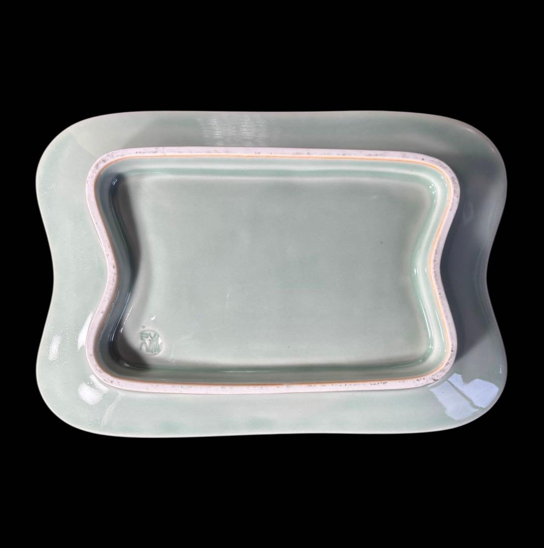 [4枚セット] 青磁 鳳凰 長角皿 在銘 角皿 陽刻 陶器 和食器 料亭 割烹