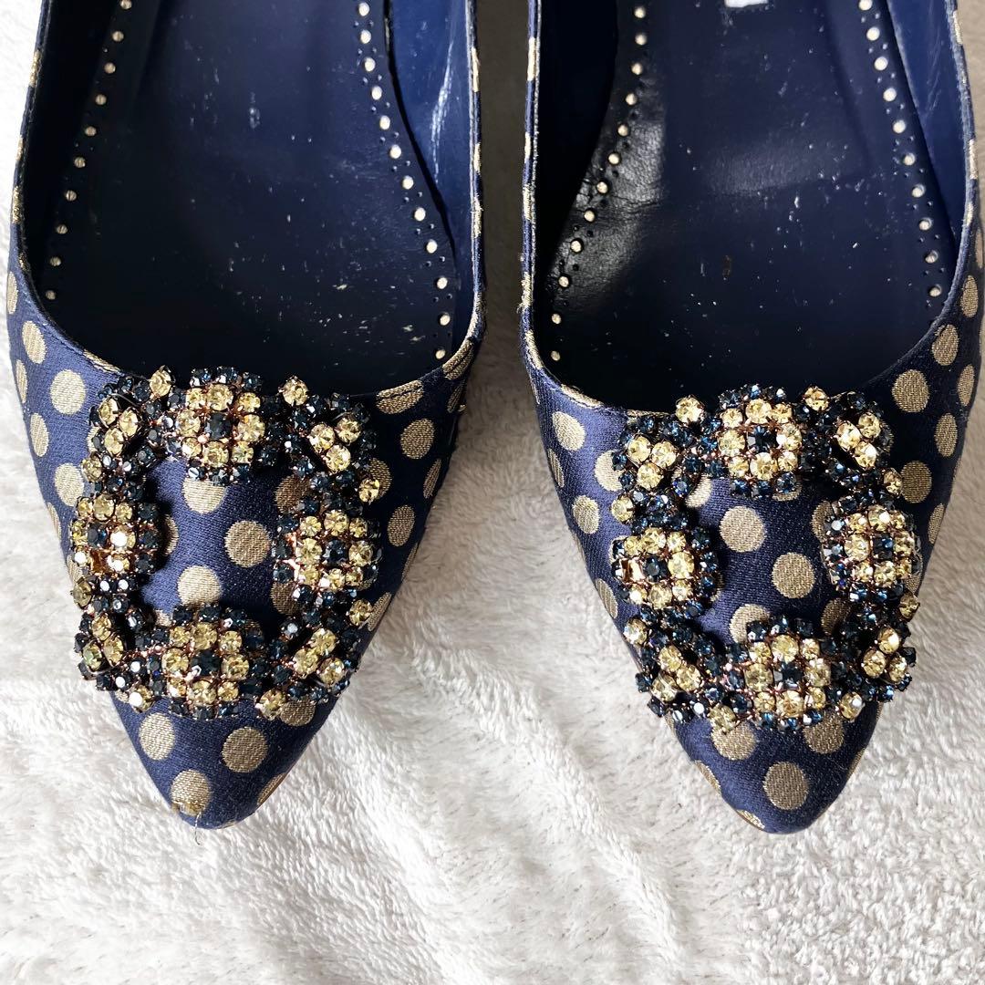 ★美品★マノロブラニク　パンプス　バレエフラット　ハンギシ　ドット　サテン　37