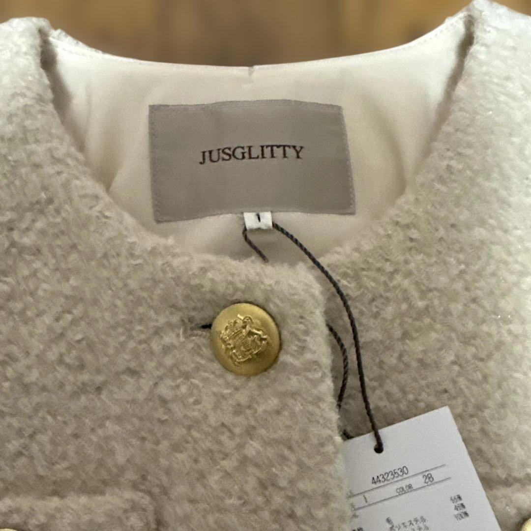 新品　JUSGLITTY シャイニーブークレジャコット　ノーカラーコート　1