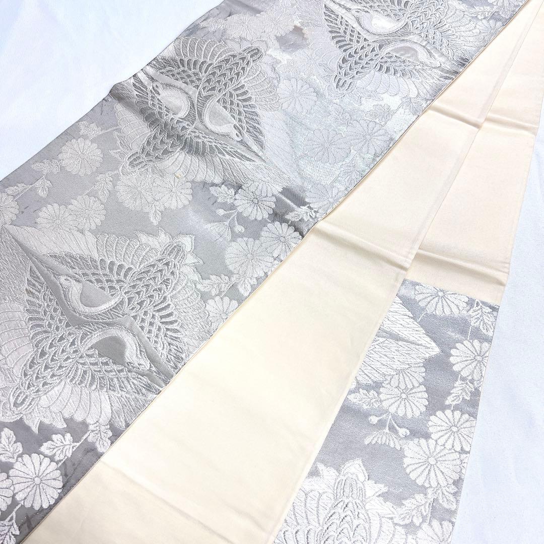 袋帯　唐織　双鶴文　鶴　菊花　白地　銀糸　着物　011tz