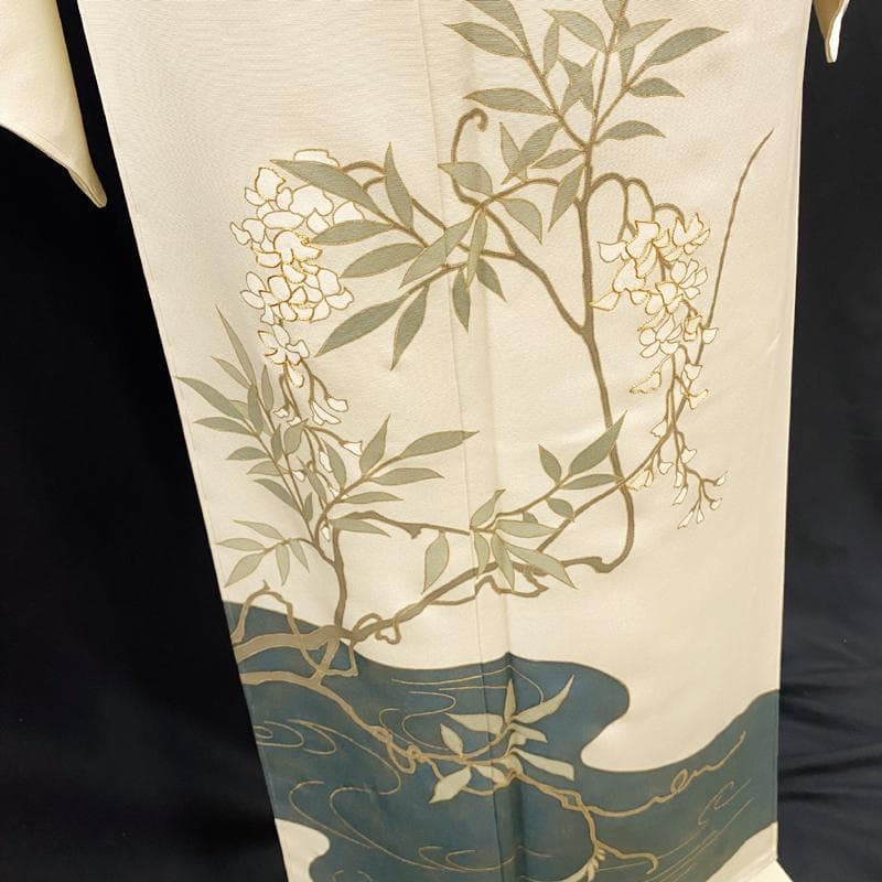 510mh56●訪問着 水辺の藤 金駒刺繍 クリーム色 金彩 一つ紋●しつけ付