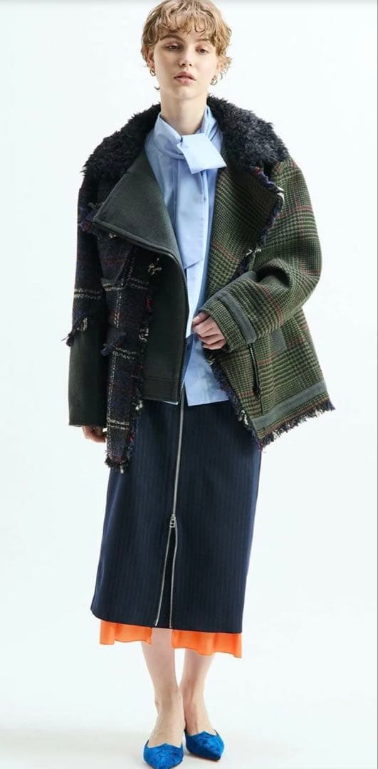 新品AULAAILA パッチワークボアチェックフリンジライダース