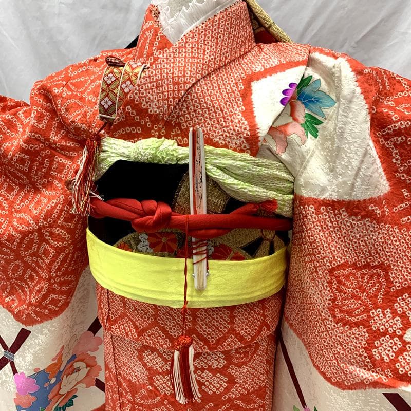 508ag74□七五三 七歳 女児 着物&六通袋帯 絞染め 花丸文□状態良好