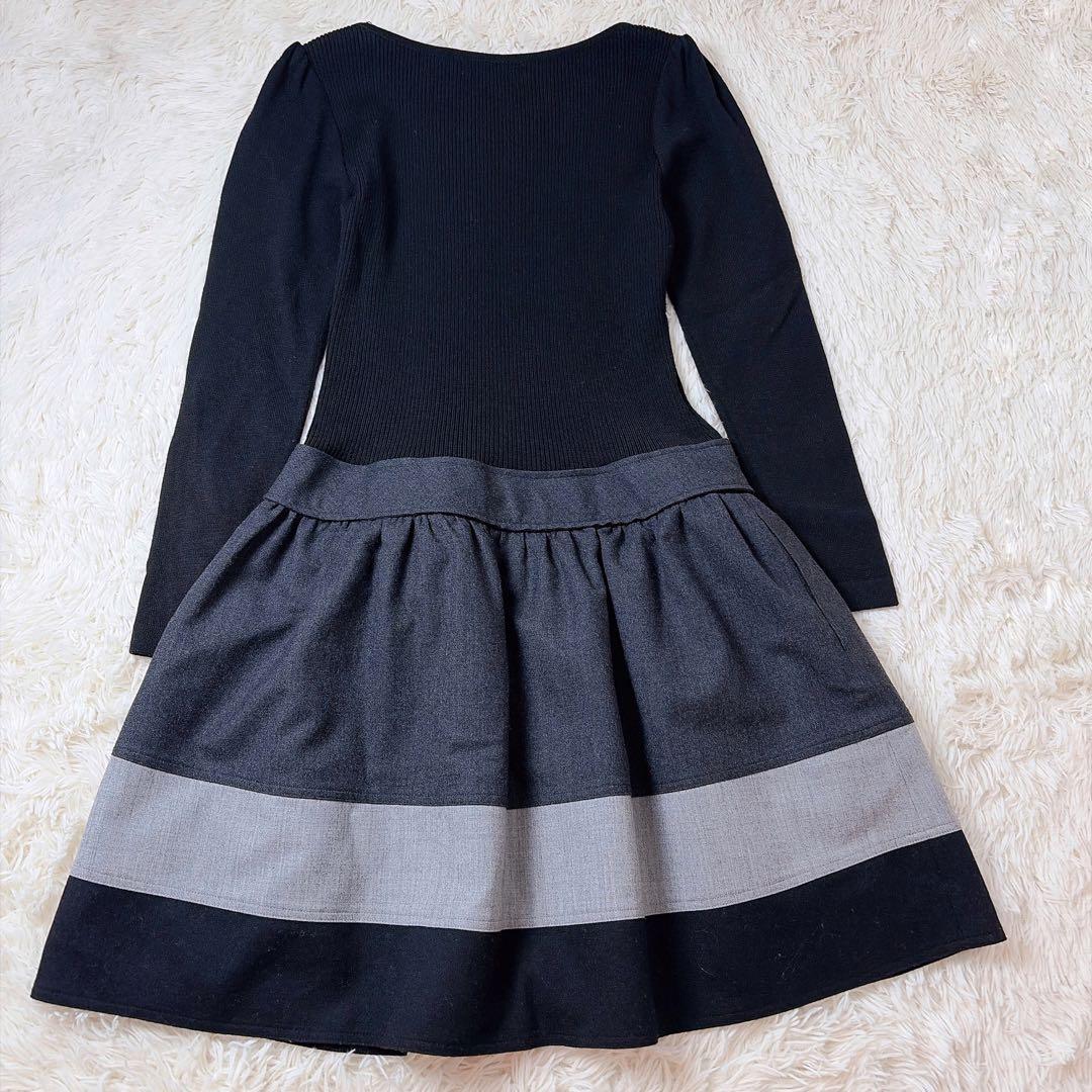 【美品】ルネ カシミヤ混 リブニット フレア ドッキングワンピース ブラック