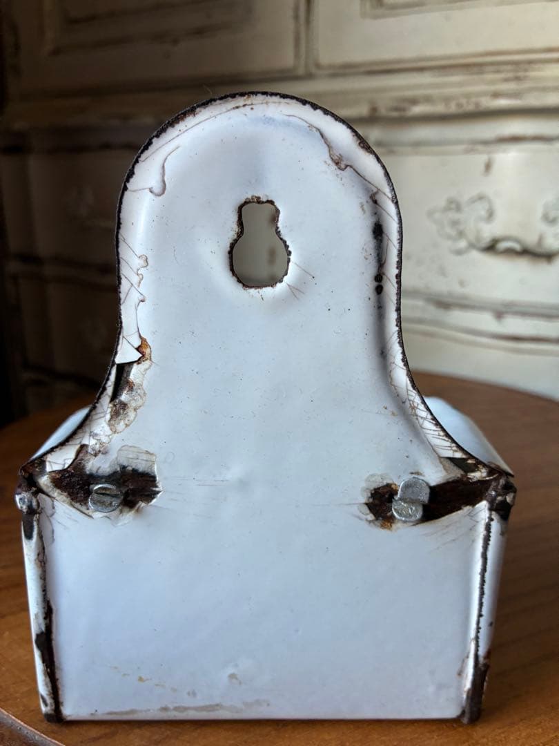 フランス　アンティーク　ホーロー　アリュメット缶　マッチ入れ　ホワイト　②