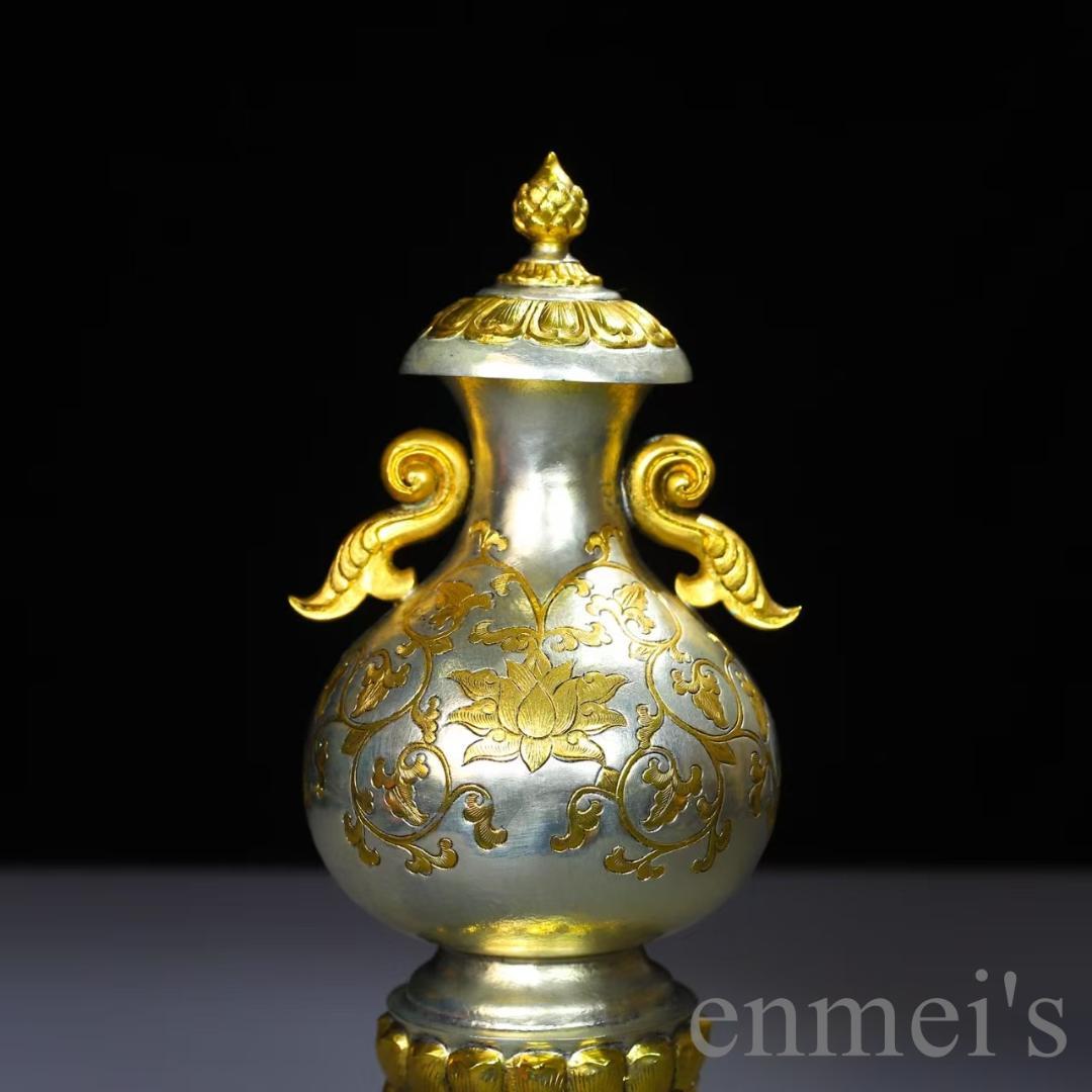 中国古美術 鍍金銅瓶 手彫り 鏨刻 描金 純銅製 花器 床の間飾り古賞物 古擺件