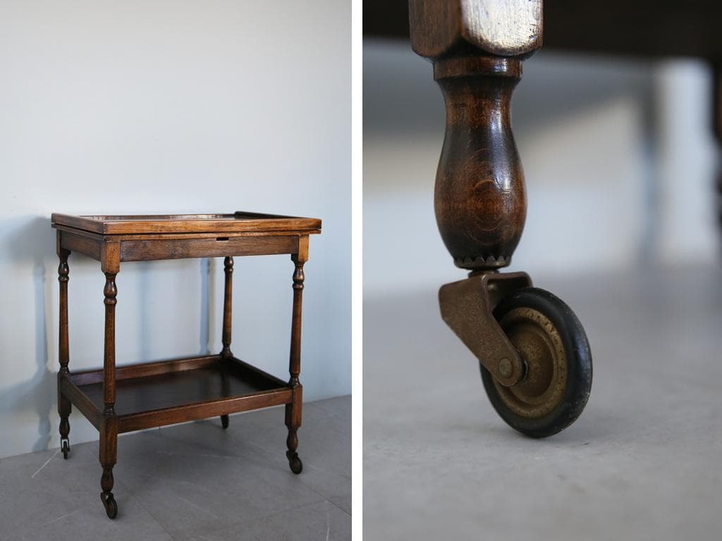 英国アンティーク木製キッチンワゴン兼ゲームテーブル/折畳式机トロリー92-117