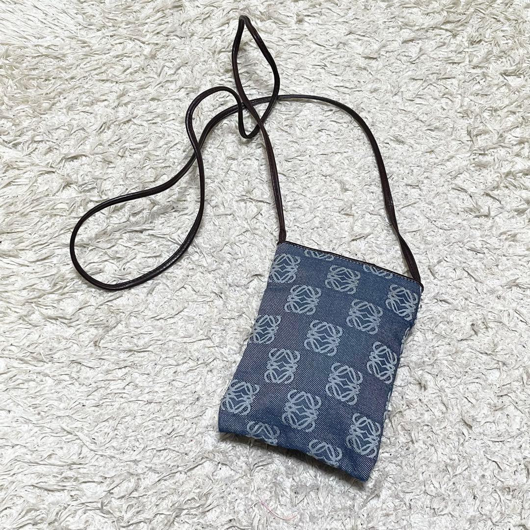 ロエベ　ショルダーバッグ　リピート　アナグラム　デニムキャンバス　レザー　青　茶