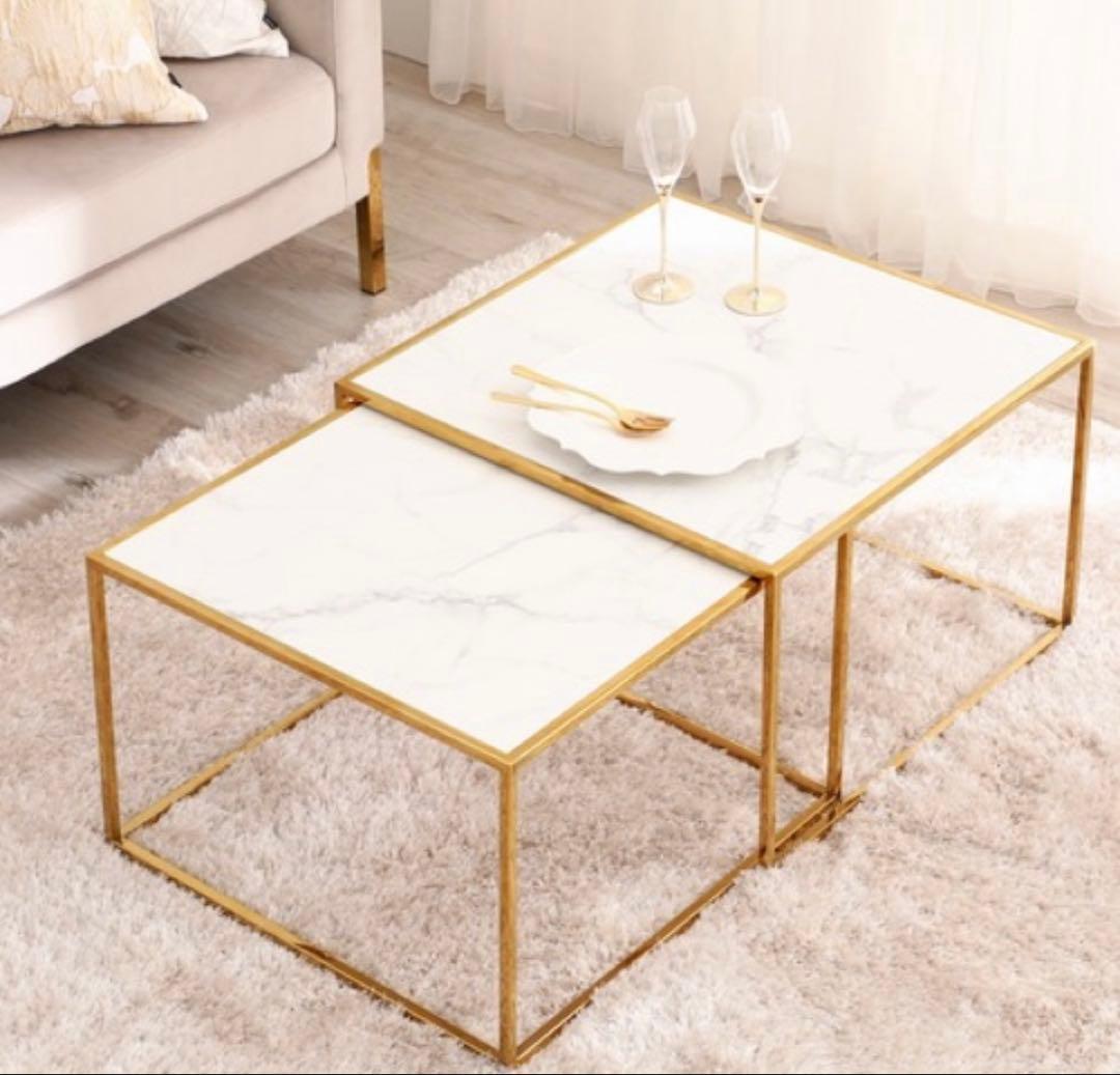 フランフラン　レーヌ ネストテーブル L マーブル×ゴールド