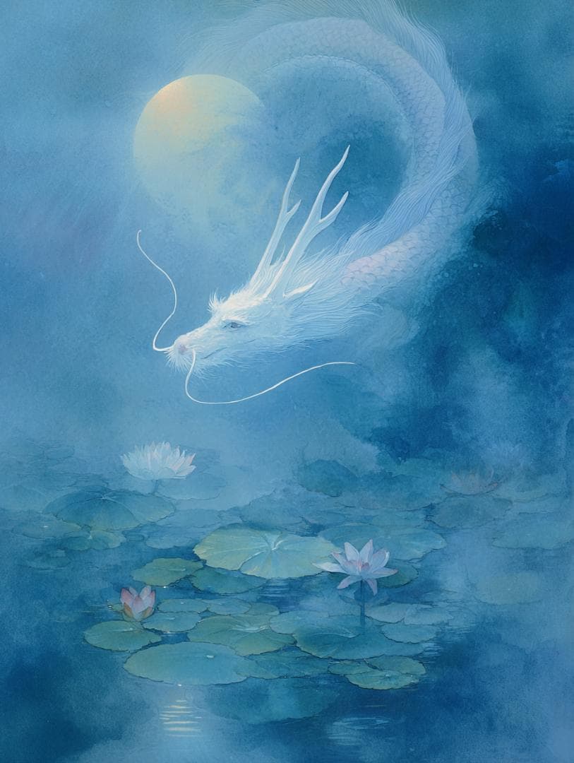 A2⭐︎354【白龍蓮池図】月夜の浄光【風景画】【神獣画】