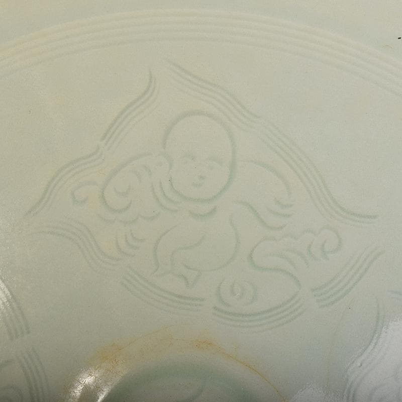 中国　影青　青白釉　陽刻　鳳凰花文　唐子文　鉢　2点　時代箱付　M　R7779