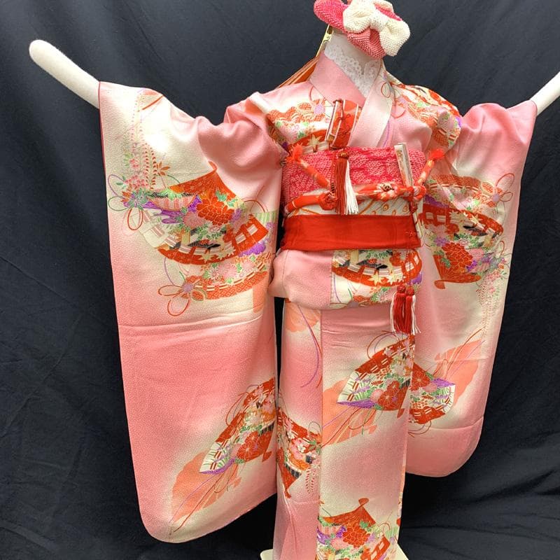 501ag29□七五三 七歳 女児 着物&袋帯 金彩 花扇 ピンク□美品