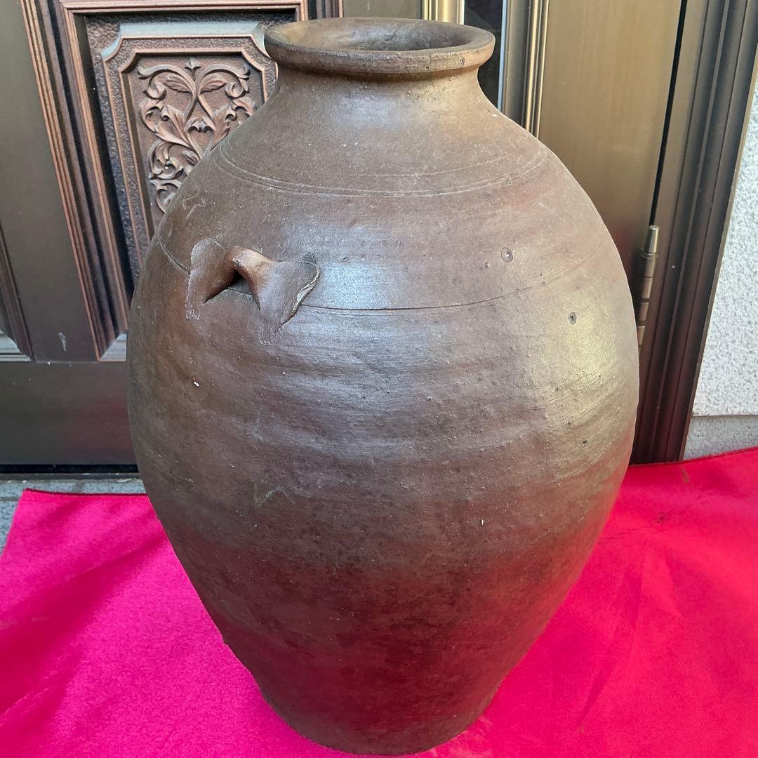 備前焼　茶色　陶器製　花瓶　備前窯　『中壺』　耳有り