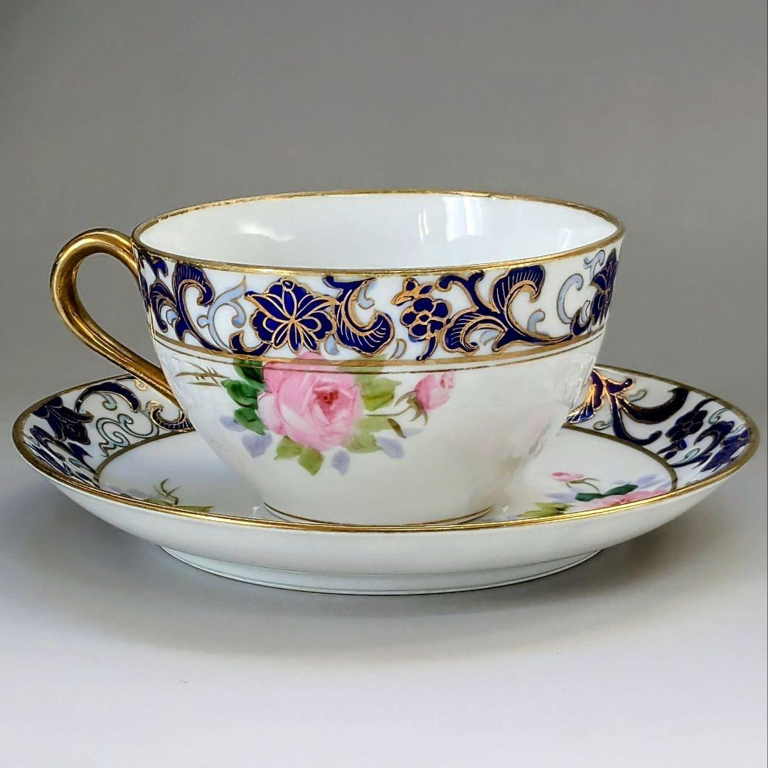 オールドノリタケ銘品!! 金彩藍帯薔薇図紋　キャビネットカップ＆ソーサー