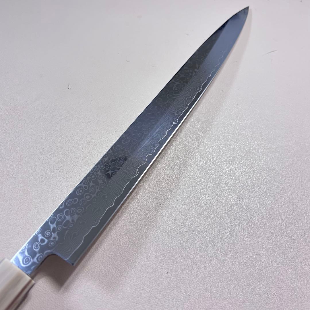 【鞘付き】尺300mm 墨流しダマスカス 柳刃包丁 黒檀本 牛八角柄刺身 和包丁