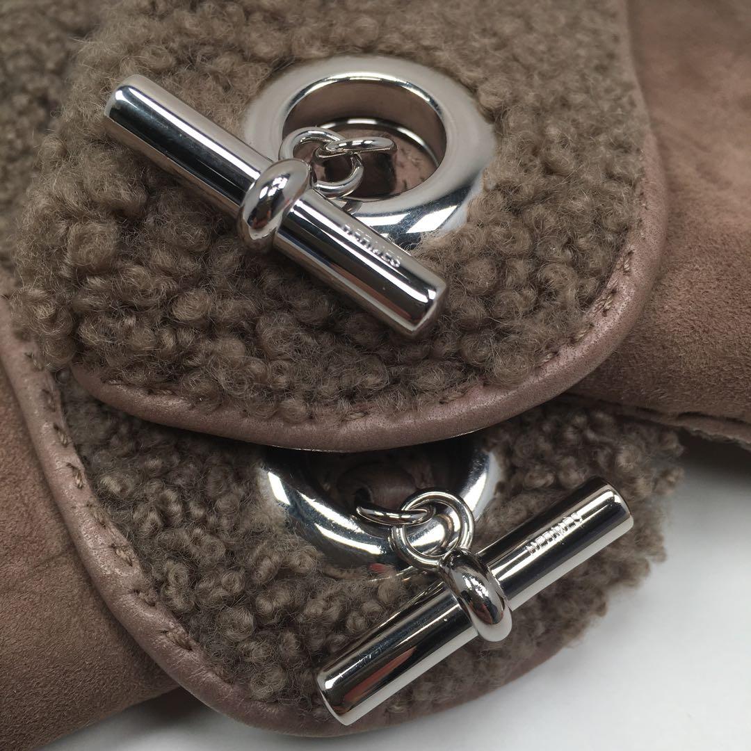 美品 エルメス ヴェスパ グレージュ ムートン ブラウン シルバー金具 手袋