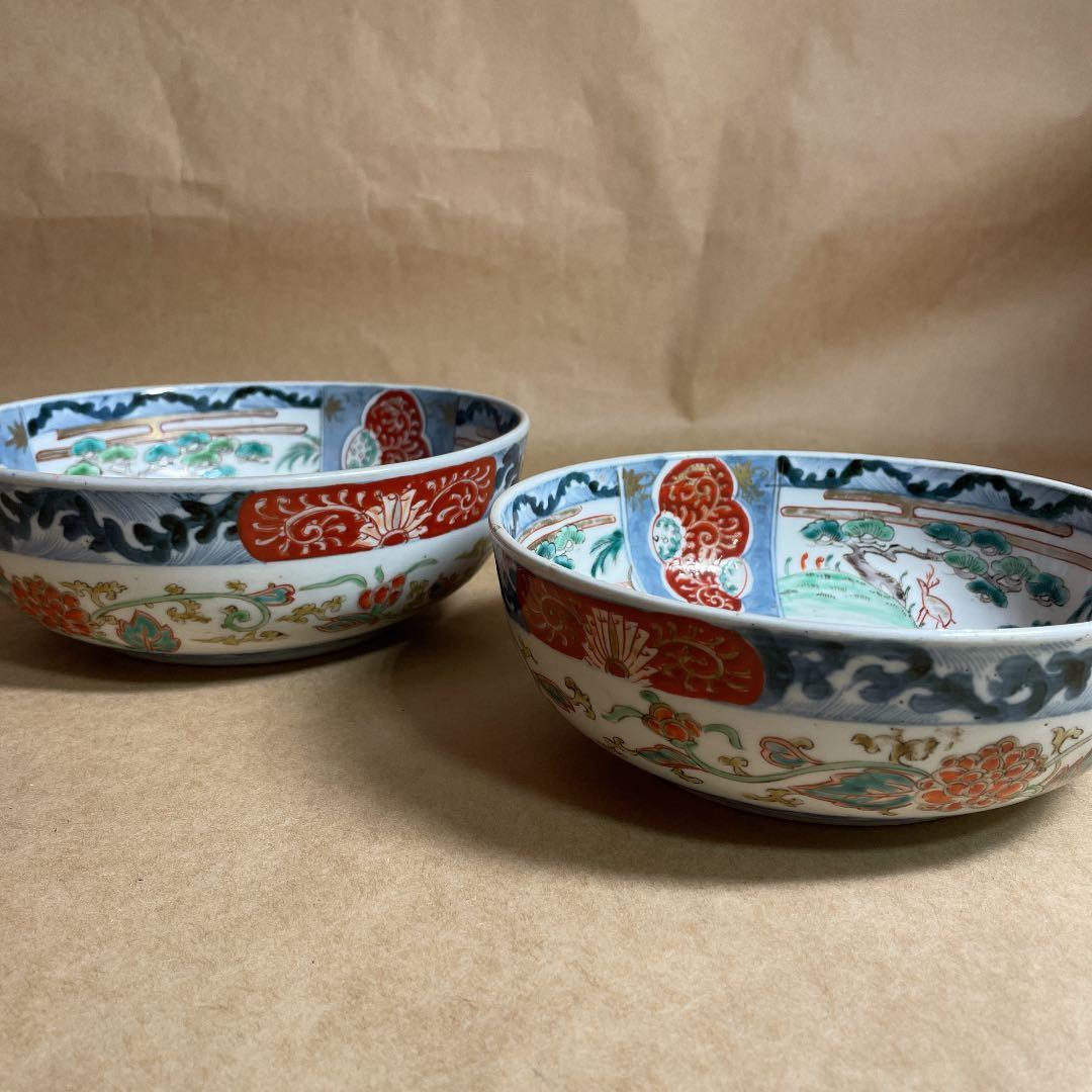 鉢2点　【m142 二重高台　伊万里　骨董　レトロ　深鉢　呉須色絵　染付】
