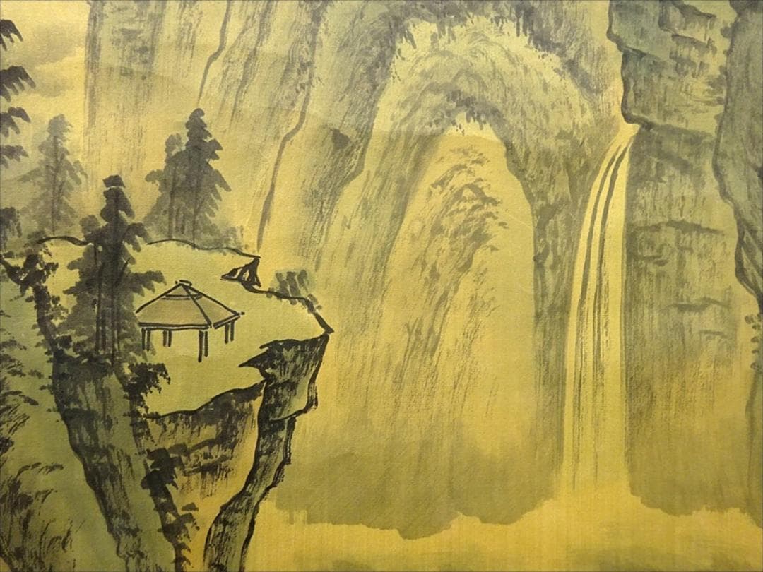 大幅掛軸 陳世向『李白 望盧山瀑布』中国画 絹本 箱付 掛け軸 a03253
